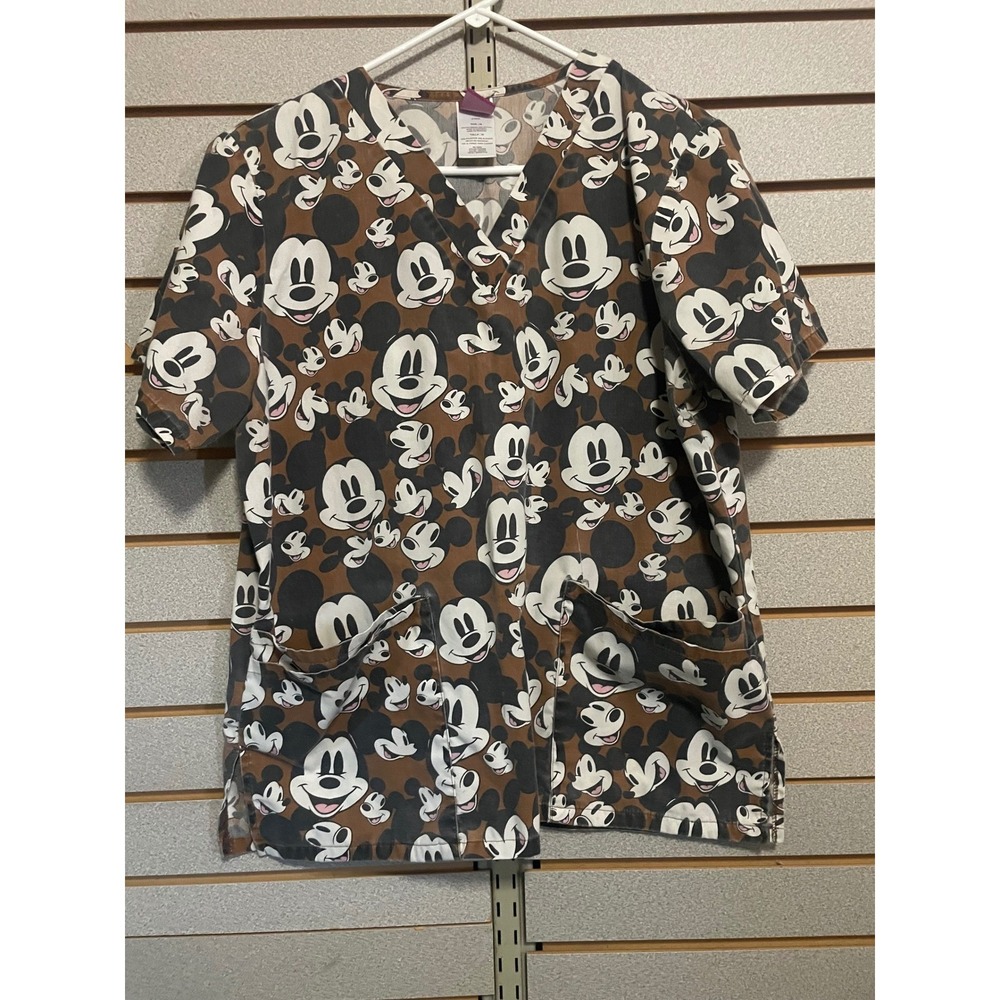 Disney Mickey Mouse Scrub Top Brown V-Neck Medical Uniform Medium
